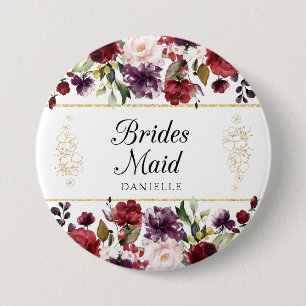 Chapa Redonda De 7 Cm Burgundy Bliss Floral Bridesmaid Monogrammed Pin