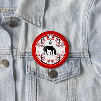 Chapa Redonda De 7 Cm Caballo de Año Nuevo chino y florecimiento rojo
