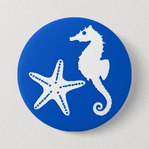 Chapa Redonda De 7 Cm Caballo de mar y pez estrella - blanco sobre azul