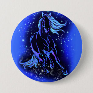 Chapa Redonda De 7 Cm Caballo Neon Blue Corriendo En La Noche De La Luna