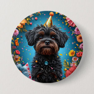 Chapa Redonda De 7 Cm Cachorro con sombrero de cumpleaños adorable