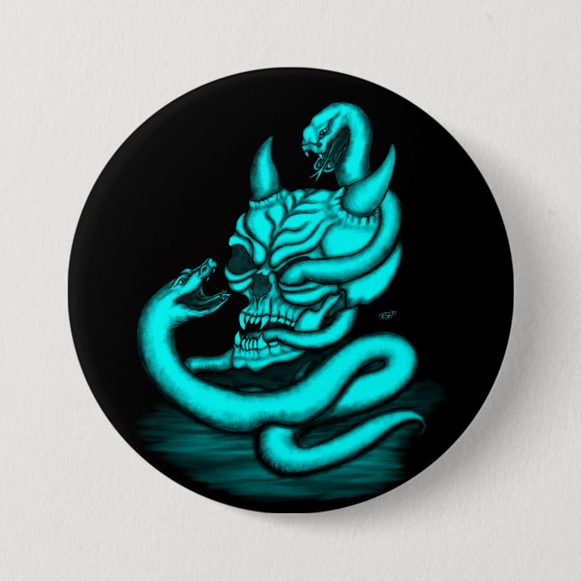 Chapa Redonda De 7 Cm Calavera - Cabeza malvada con serpiente (Anverso)