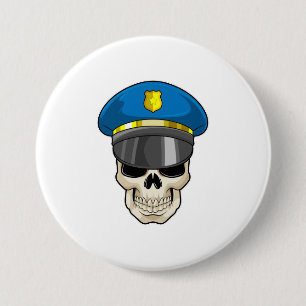 Chapa Redonda De 7 Cm Calavera como oficial de policía con gorra de poli