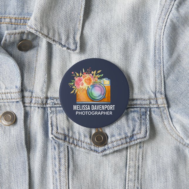 Chapa Redonda De 7 Cm Cámara Boho Naranja y acuarela con buquet floral (In situ)