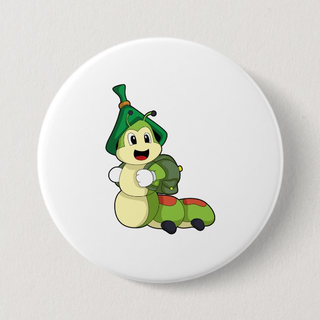 Chapa Redonda De 7 Cm Caterpillar como estudiante con mochila (Anverso)