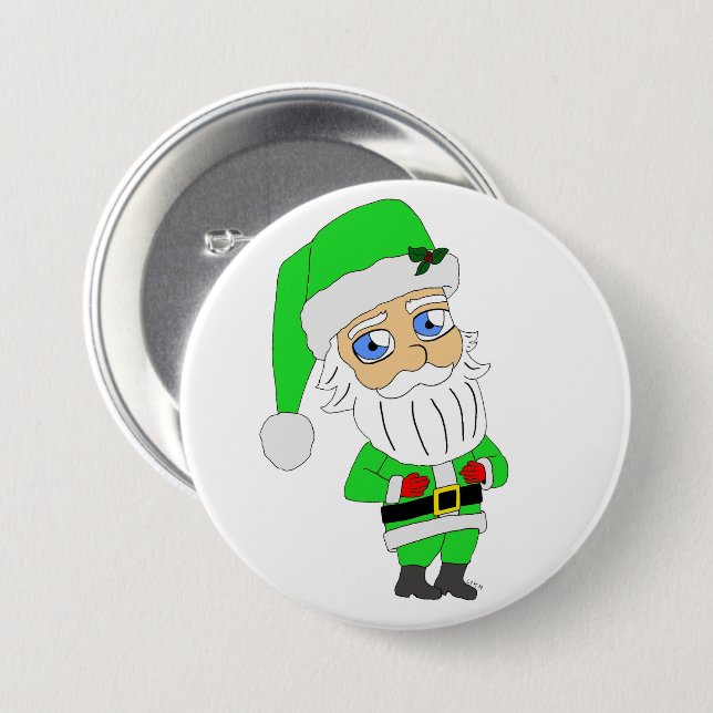 Chapa Redonda De 7 Cm Chibi Santa traje verde (Anverso y reverso)