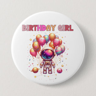 Chapa Redonda De 7 Cm Chica de cumpleaños en el espacio exterior