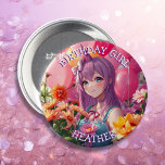 Chapa Redonda De 7 Cm Chica de cumpleaños temática de Anime personalizad<br><div class="desc">botón chica de cumpleaños personalizado de bonito. Cuidados gráficos de un hermoso chica de anime con pelo morado rodeado de globos y flores rosas y moradas.</div>