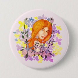 Chapa Redonda De 7 Cm Chica pelirroja en el jardín. Acuarela
