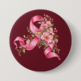 Chapa Redonda De 7 Cm Cinta de Conciencia del Cáncer de Mama Floral Rosa