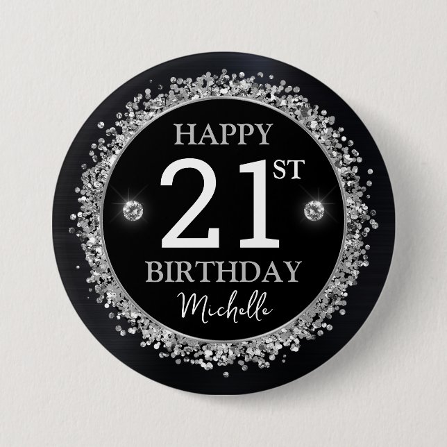 Chapa Redonda De 7 Cm Confetti Purpurina negro y plateado Cumpleaños (Anverso)