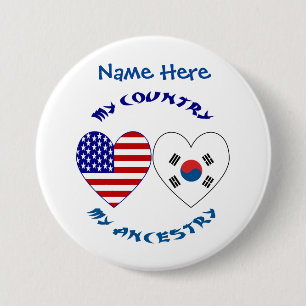 Chapa Redonda De 7 Cm Corea del Sur EE. UU. Corazón País Ascendencia Per
