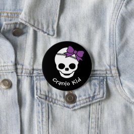 Chapa Redonda De 7 Cm Cranio Kid Chica Skull con Bowtie morado