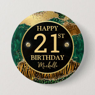Chapa Redonda De 7 Cm Cumpleaños 21 Safari Jungla Ágata Dorado Brillo