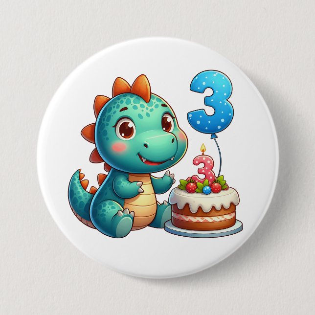 Chapa Redonda De 7 Cm Cumpleaños 3 de Dino (Anverso)