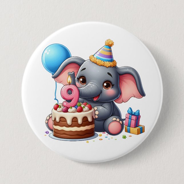 Chapa Redonda De 7 Cm Cumpleaños 9 de elefante lindo (Anverso)
