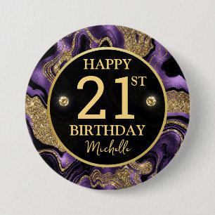 Chapa Redonda De 7 Cm Cumpleaños de ágata con brillo morado y dorado ele