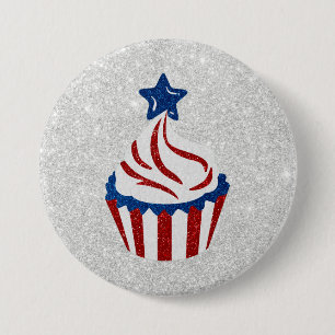 Chapa Redonda De 7 Cm Cupcake Rojo, Blanco y Azul 4 de Julio con Brillo