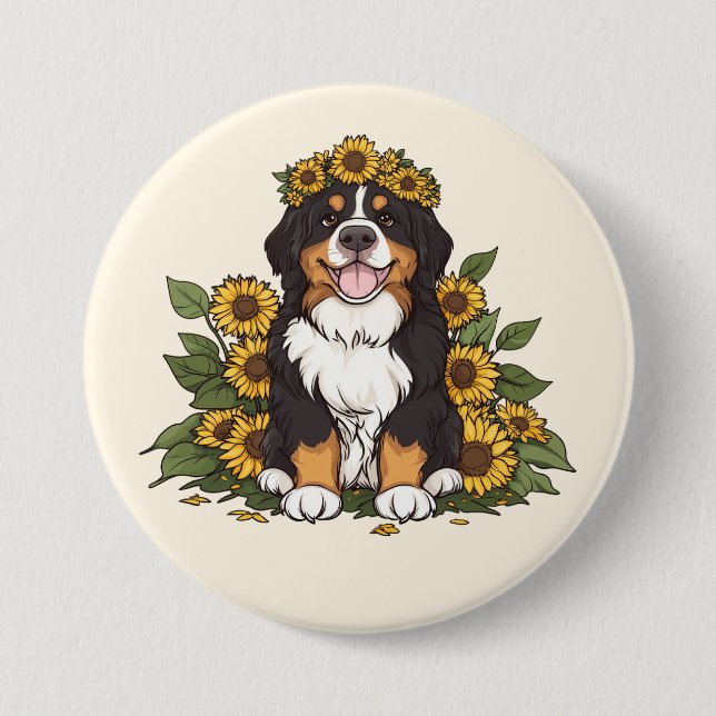 Chapa Redonda De 7 Cm Cute Bernese Mountain Dog Wearing Sunflower Crown (Anverso)