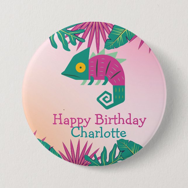 Chapa Redonda De 7 Cm Cute chameleon Selva floral Animales chica de cump (Anverso)