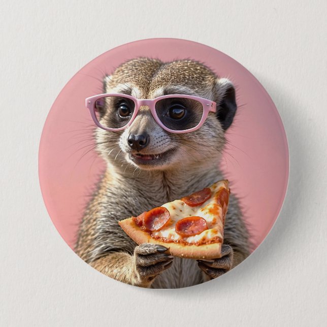 Chapa Redonda De 7 Cm Cute Meerkat con gafas y pizza (Anverso)