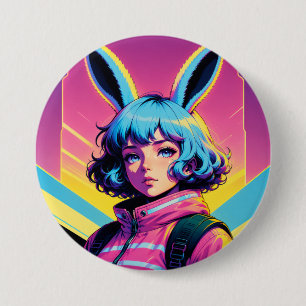 Chapa Redonda De 7 Cm Cyber Bunny - Chica Kemonomimi de Retrowave Adorab