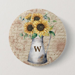 Chapa Redonda De 7 Cm Decoupage de letra vintage de girasol rústico con 