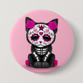 Chapa Redonda De 7 Cm Día rosado lindo del gato muerto del gatito