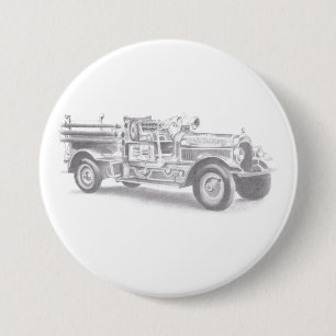 Chapa Redonda De 7 Cm dibujo a lápiz de camión de bomberos vintage
