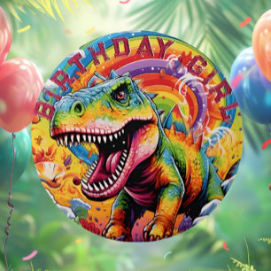 Chapa Redonda De 7 Cm Dinosaurio arcoiris feliz Chica de cumpleaños