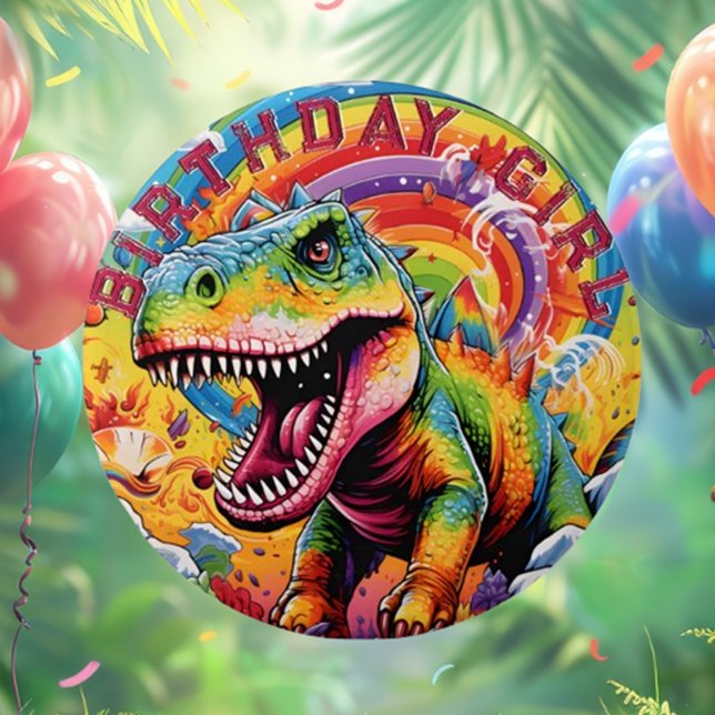 Chapa Redonda De 7 Cm Dinosaurio arcoiris feliz Chica de cumpleaños (Rainbow Dinosaur Happy Birthday Girl Button - Fun & Cute!

—)