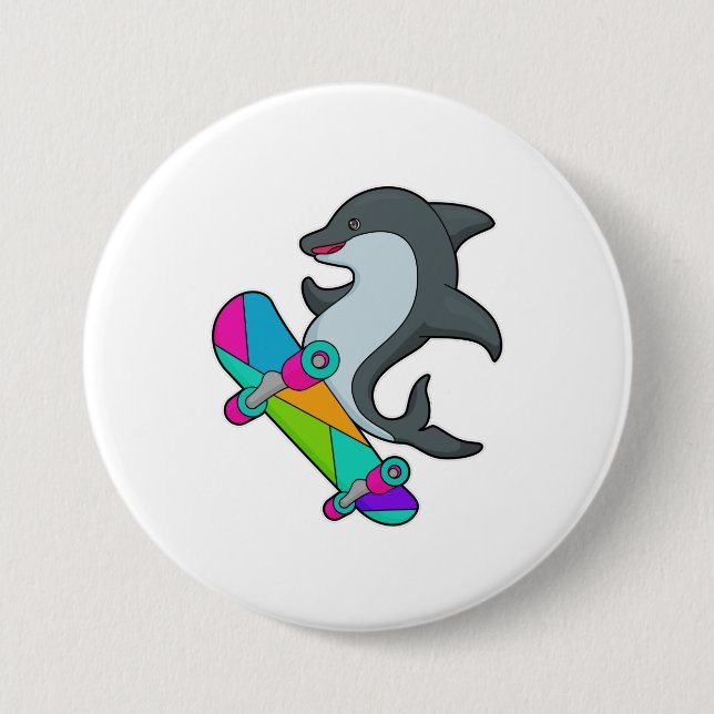 Chapa Redonda De 7 Cm Dolpin como Skater con Skateboard (Anverso)