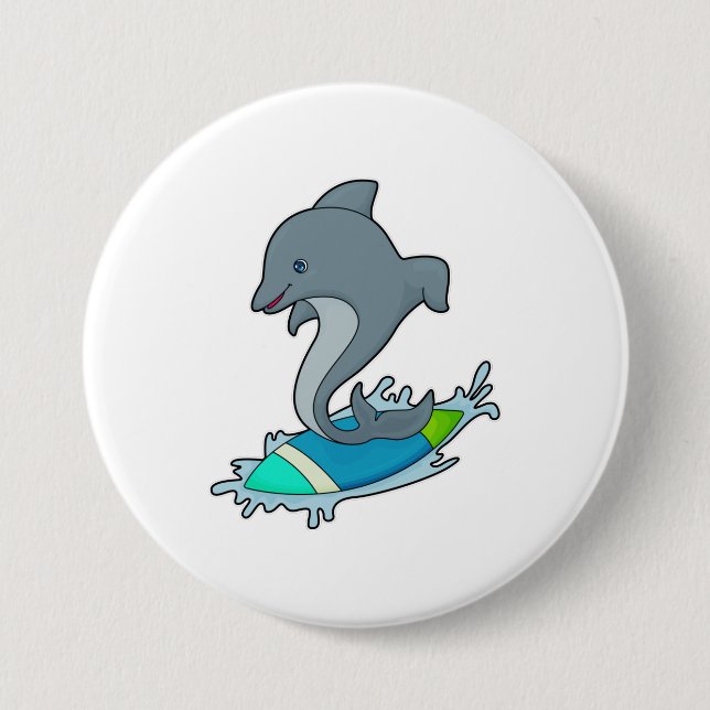 Chapa Redonda De 7 Cm Dolpin como surfista con Surfboard (Anverso)