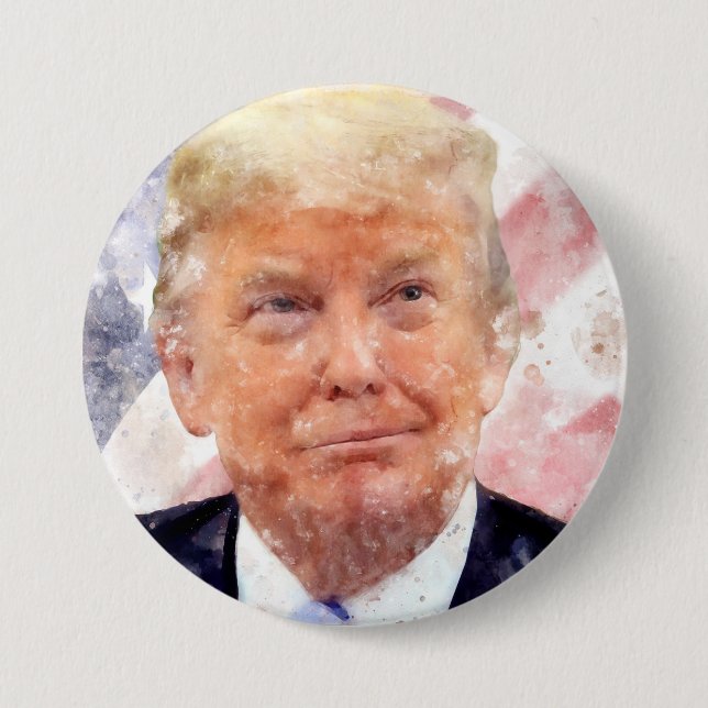 Chapa Redonda De 7 Cm Donald Trump sonriendo con bandera estadounidense (Anverso)
