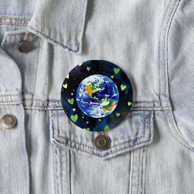 Chapa Redonda De 7 Cm Earth Love Button - Planet with Green Hearts Pin (In situ)