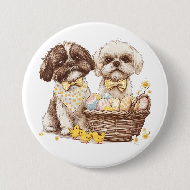 Chapa Redonda De 7 Cm Easter Shih Tzu Dogs (Anverso)