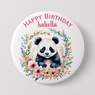 Chapa Redonda De 7 Cm El oso panda en el cumpleaños del Chica de flores