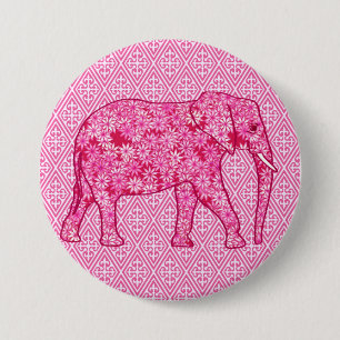 Chapa Redonda De 7 Cm Elefante de las flores - rosa fucsia