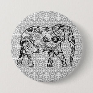 Chapa Redonda De 7 Cm elefante de remolino fractal - gris, negro y blanc