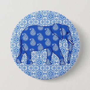 Chapa Redonda De 7 Cm Elefante paisley - azul cobalto y blanco