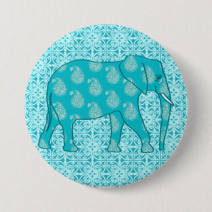 Chapa Redonda De 7 Cm Elefante paisley - turquesa y aqua