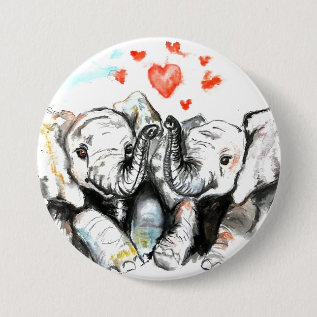 Chapa Redonda De 7 Cm Elefantes Cute Amor Romántico - Pintura de acuarel (Anverso)
