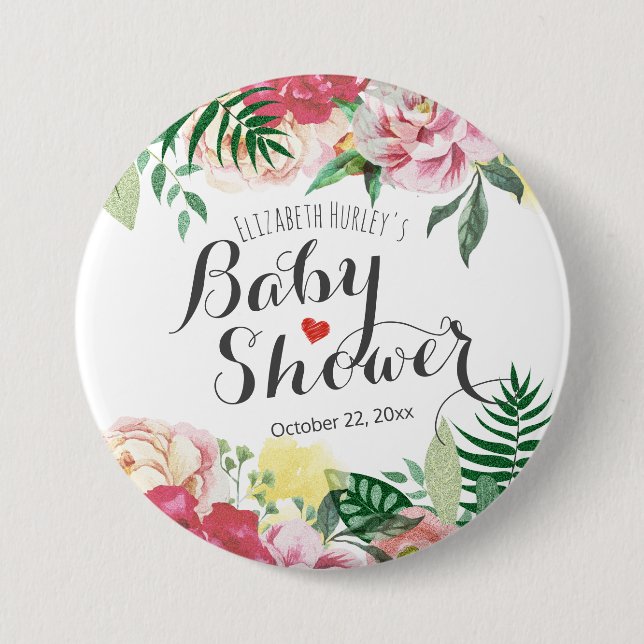Chapa Redonda De 7 Cm Elegante acuarela Floral Baby Shower Pinback (Anverso)