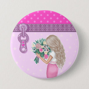 Chapa Redonda De 7 Cm Elegante diseño floral chica y rosa