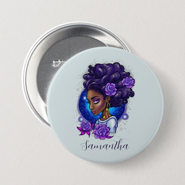 Chapa Redonda De 7 Cm Elegante Rosas púrpuras afromujer (Anverso y reverso)