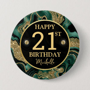 Chapa Redonda De 7 Cm Elegante Verde y Dorado Cumpleaños con Brillo de Á