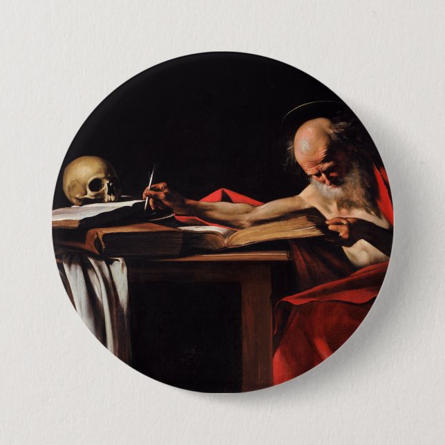 Chapa Redonda De 7 Cm Escritura de Saint Jerome (por Caravaggio) (Anverso)