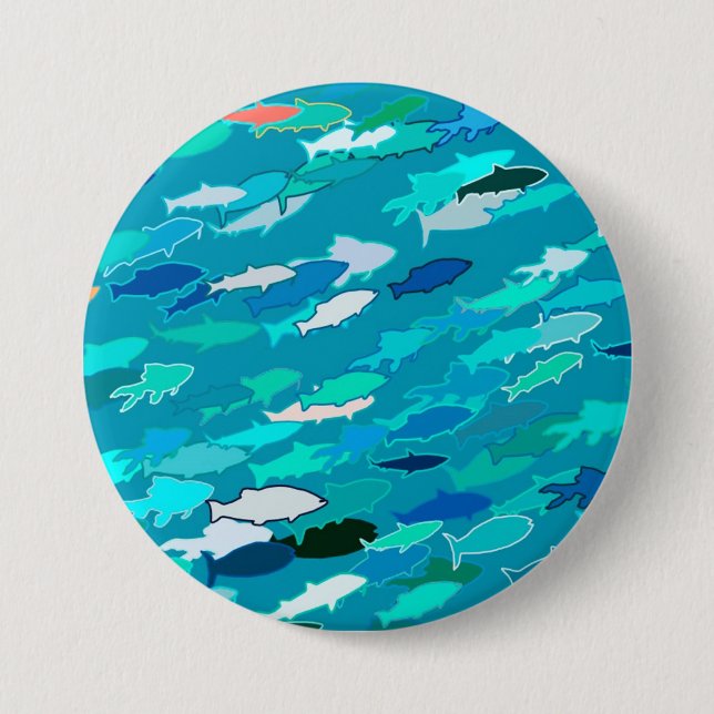 Chapa Redonda De 7 Cm Escuela de Pescado, Turquesa, Azul y Aqua (Anverso)