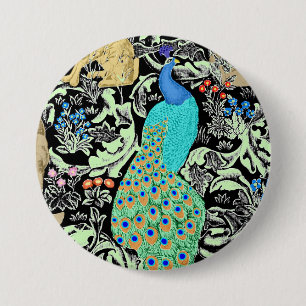 Chapa Redonda De 7 Cm Estampa de pavo real Art Nouveau, turquesa y neutr