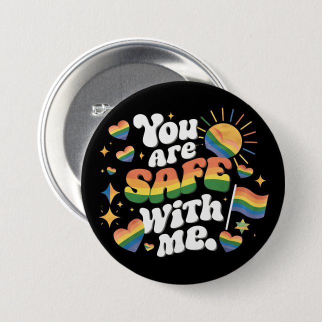 Chapa Redonda De 7 Cm Estás a salvo conmigo LGBT Rainbow Gay (Anverso y reverso)